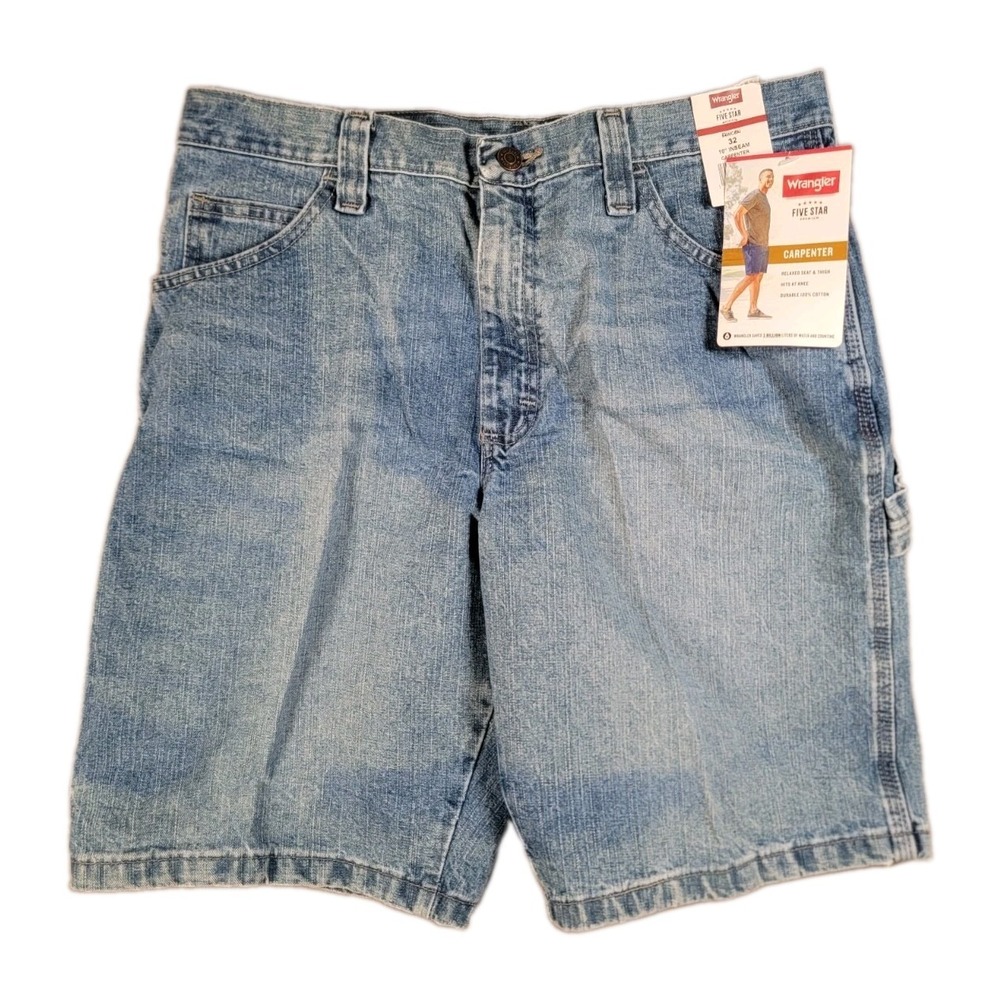 NWT Wrangler Five Star Mens 32 Denim Carpenter Shorts Light Wash 10 Inseam